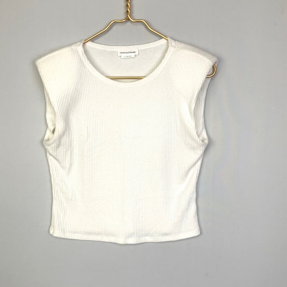 Lovers + Friends Sz Medium White Ribbed Structured Shoulder Pad Muscle Tank Top